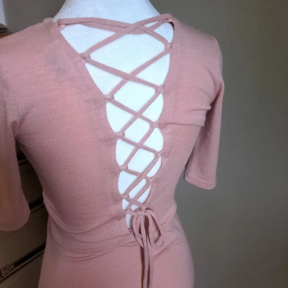 Aritzia Wilfred Free Dress Bodycon Mini Pink Knit Lace Up Corset Size XS